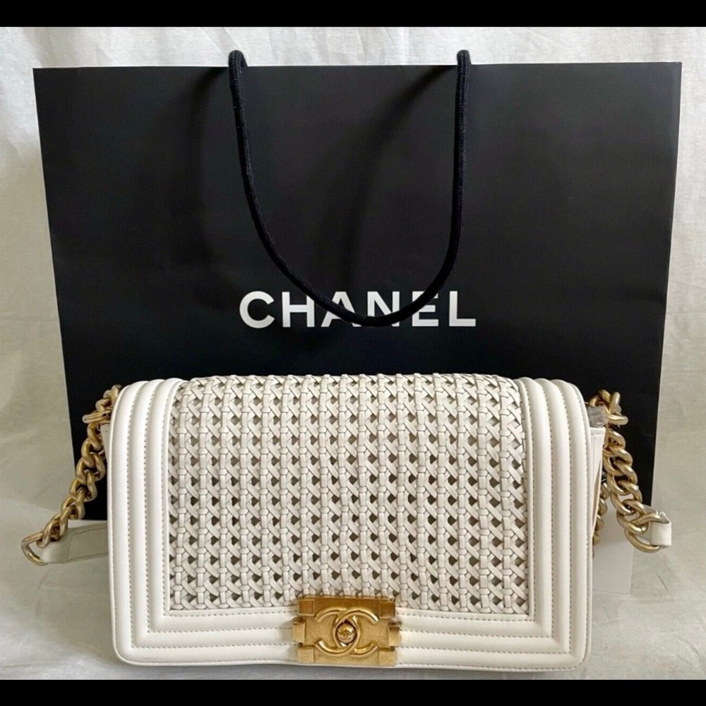Authentic Chanel Boy Bag White Lambskin Leather Chain Strap Gold CC 19559540
